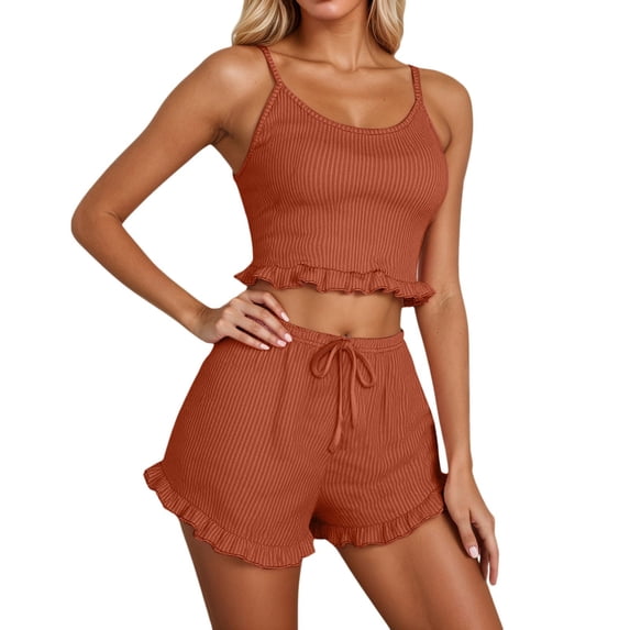 MDUKONU Women's 2 Piece Short Set Easy Care Solid Color Lounge Wear Brown XXL