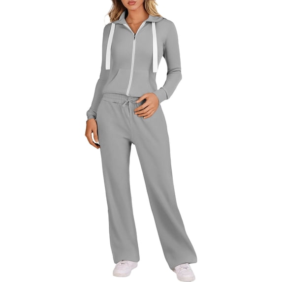 MDUKONU Women's 2-Piece Tracksuit - Zip Up Hoodie & Wide Leg Pants Grey L
