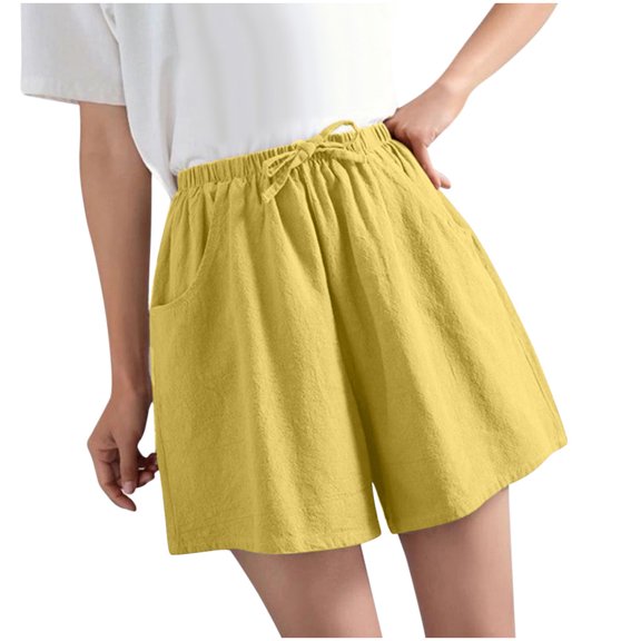 MDUKONU Women's Beach Linen Shorts Skin-Friendly Drawstring Waist Stretchy Yellow XL