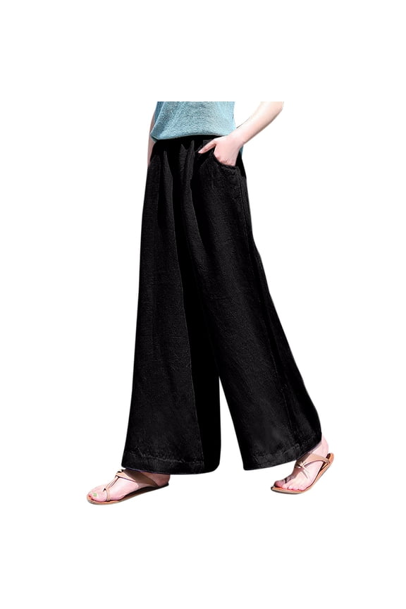 Women's Boho Linen Pants Loose Fit Cotton Linen Fade Resistant Black XL