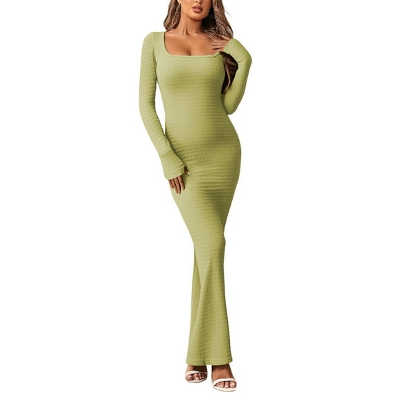 MDUKONU Women's Casual Long Sleeve U-Neck Bodycon Midi Dress for Daily Wear and Travel Versatile Solid Color Classic Fit Green S