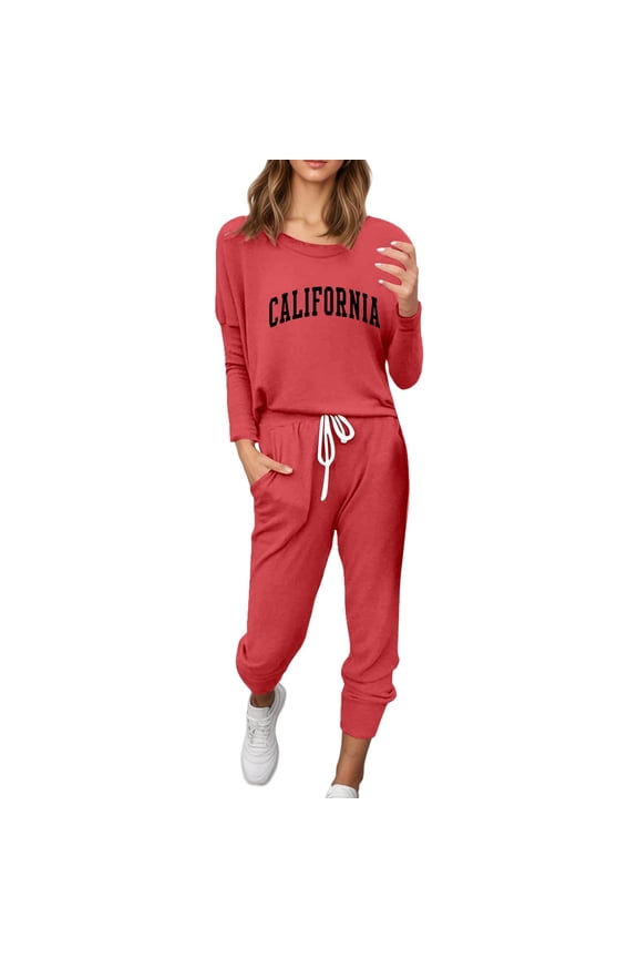 Women's Casual Tracksuit Print Top & Jogger Pants for Streetwear Red XXL