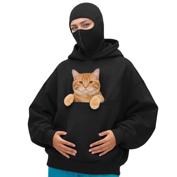 MDUKONU Women's Cat Pouch Hoodie Kangaroo Pocket Dog Pouch Sweatshirts Pet Carrier Pullover Black S
