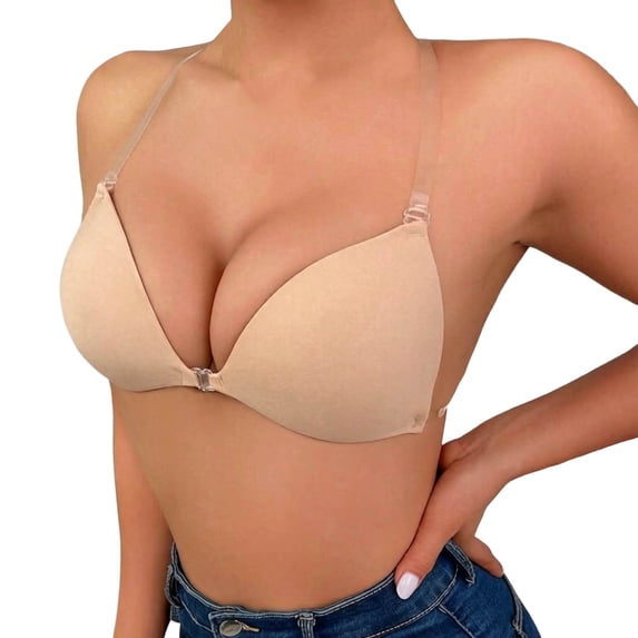 MDUKONU Women's Clear Strap Bra Front Close Bras Underwire Push Up Padded Backless Plunge Bralette with Support Size: B Beige
