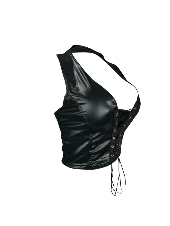 Women's Halter Backless Leather Tops Rivet String Lace Up Tank Tops Camisole Size: L Black