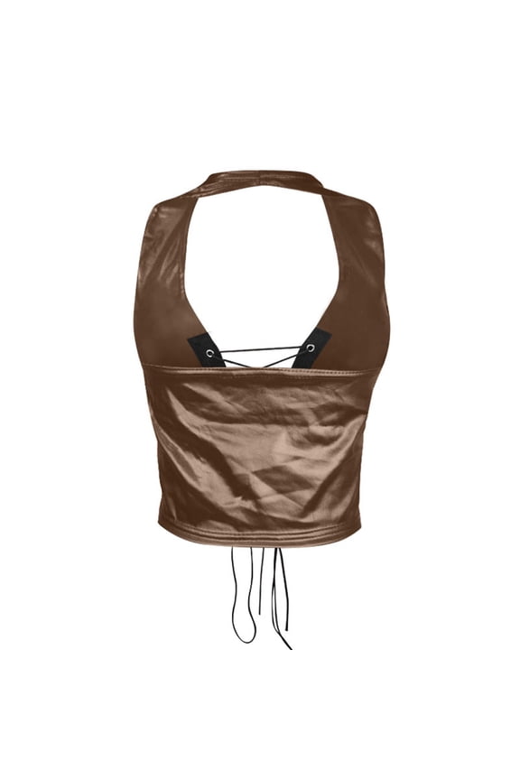 Women's Halter Backless Leather Tops Rivet String Lace Up Tank Tops Camisole Size: L Brown
