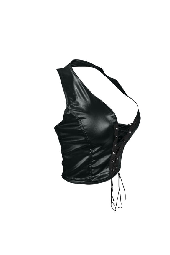 Women's Halter Backless Leather Tops Rivet String Lace Up Tank Tops Camisole Size: S Black