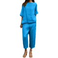 thumbnail image 1 of MDUKONU Women's Linen 2-Piece Set - Loose Short Sleeve Top & Cropped Wide Leg Pants Blue L, 1 of 6