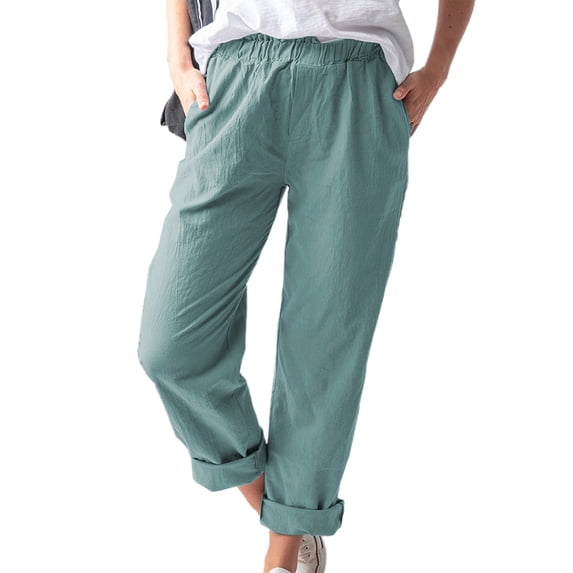 MDUKONU Women's Linen Blend Pants Solid Color Soft with Pockets Navy XXL