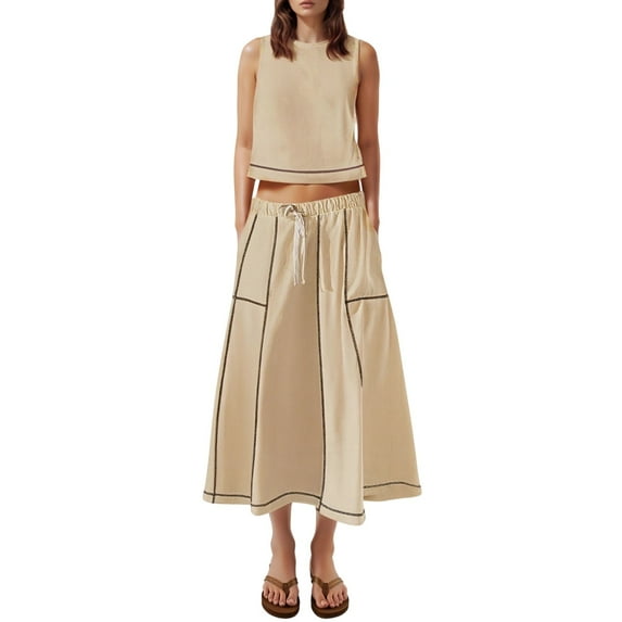 MDUKONU Women's Linen-Blend Two-Piece Set - Sleeveless Crop Top & Contrast-Stitch Midi Skirt L Beige