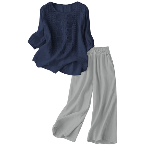MDUKONU Women's Linen Embroidered Top and Wide Leg Pants Set for Everyday and Wear in Summer Navy L