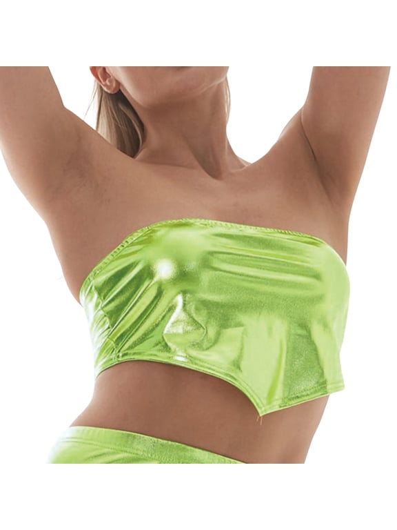 Women's Metallic Crop Top Shiny Strapless Tube Bra for Dancing, Raves, Festivals, Green XXL