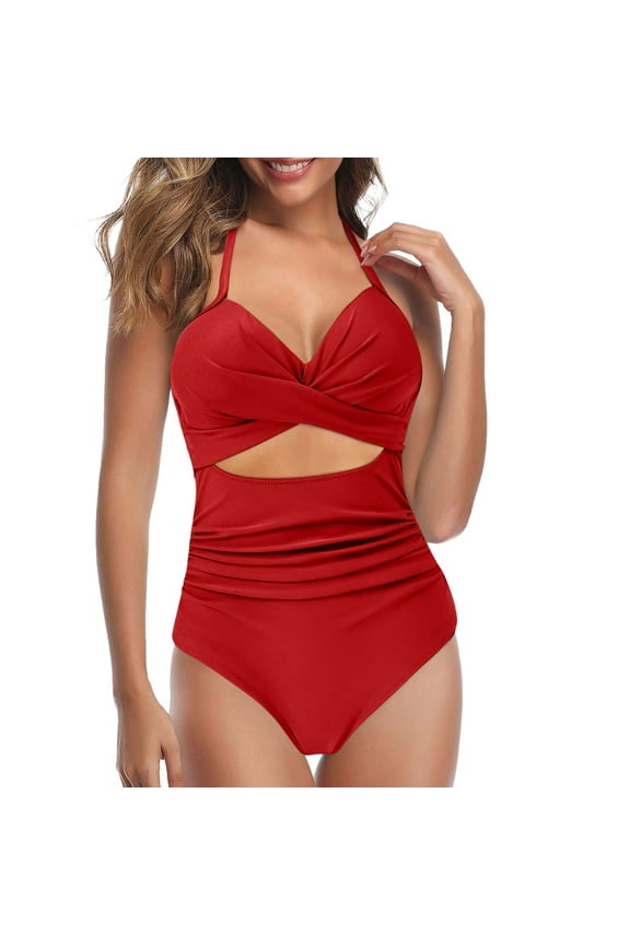 Women's Modest Full Coverage Swimsuit Monokini Swimsuit Red M