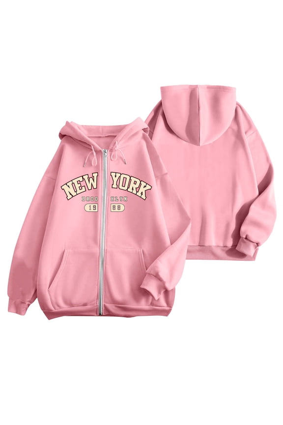 Women's New York Graphic Zip Up Hoodies Full Zip Hoodie Letter Jackets College Zipper Sweatshirts with Pockets Pink M