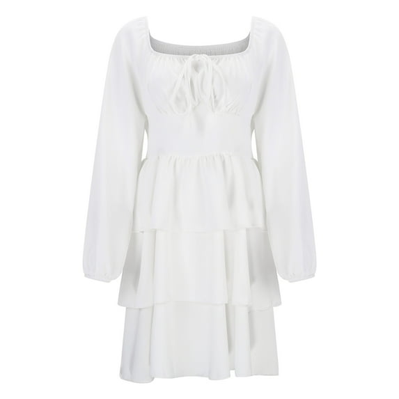 MDUKONU Women's Off The Shoulder Tiered Ruffle Dress - Women's Lace Up Front Long Sleeve Party Mini Dress White XXL
