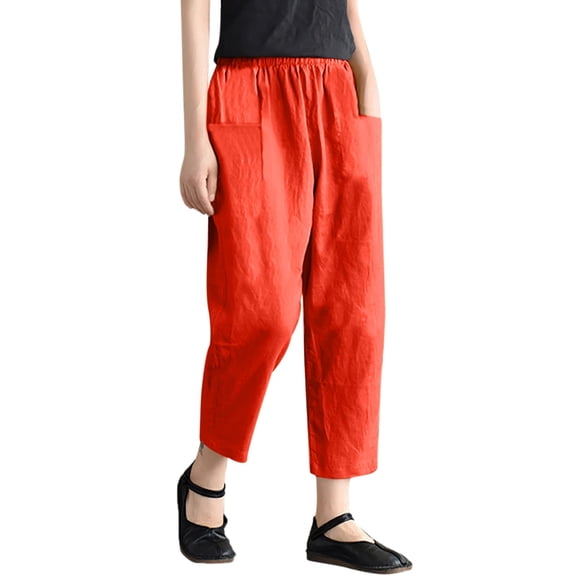 MDUKONU Women's Plus Size Elastic Waist Pants Relaxed Fit Skin-Friendly Machine Washable Red XXL