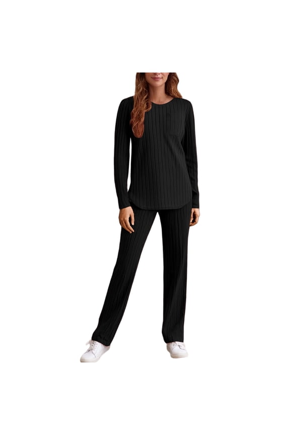 Women's Ribbed 2-Piece Set - Long Sleeve Pocket Top & Elastic Wide Leg Pants Black S