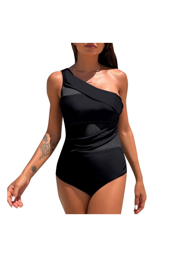 Women's Ruched Tummy Control Swimsuit Water Aerobics Suit Black S