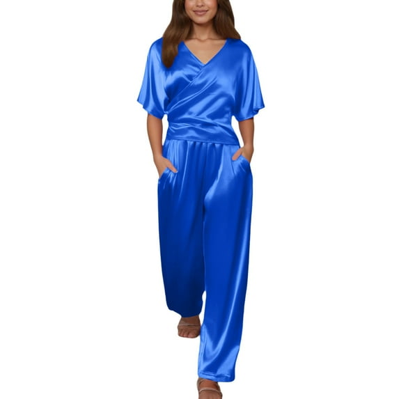 MDUKONU Women's Satin 2-Piece Set - V-Neck Wrap Tie Top & Cropped Wide Leg Pants Blue XXXL