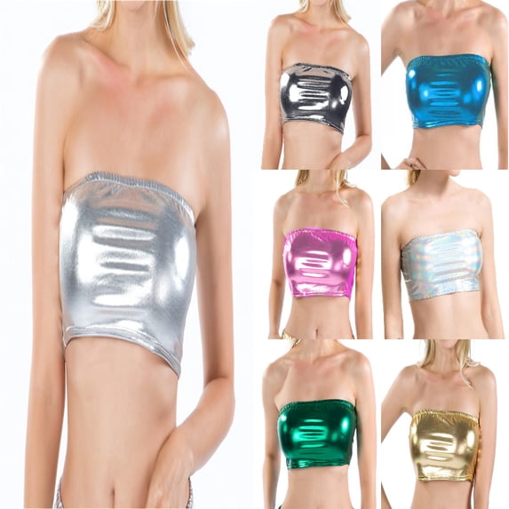 MDUKONU Women's Shiny Metallic Strapless Crop Tube Top Rave Bandeau Bra Silver M