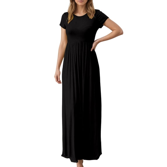 MDUKONU Women's Short Sleeve Pocket Dress for Everyday Wear Women’s Casual Dress Classic Round Neck Easy Everyday Use Black S