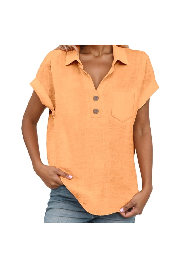 Women's Short Sleeve V Neck Button Tunic Blouse Summer Tops for Women 2026 Orange XXL
