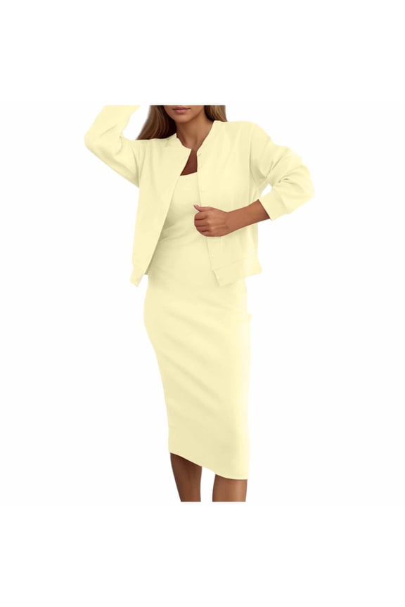 Women's Soft Knit Matching Set - Relaxed Bomber Cardigan & Fitted Midi Dress XXL Yellow