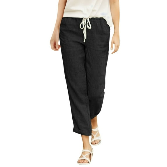 MDUKONU Women's Soft Summer Pants Elastic Waist Linen Blend Elastic Waistband Black XXXL