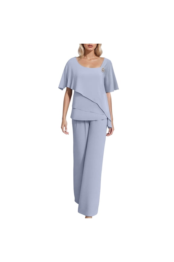 Women's Spring Temperament Chiffon Solid Color Loose Irregular Fashion Trouser Suit Blue S
