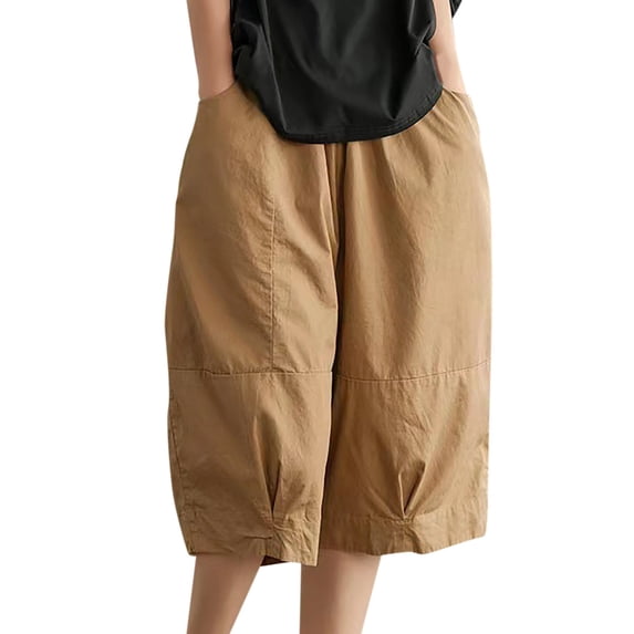 MDUKONU Women's Summer Beach Linen Shorts Lightweight Blend Baggy Stretchy Khaki L