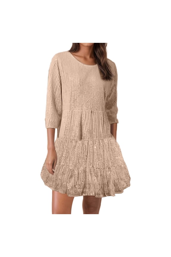 Women's Tiered Dress - 3/4 Sleeve Ruffled Casual Party Dress S Rose Gold