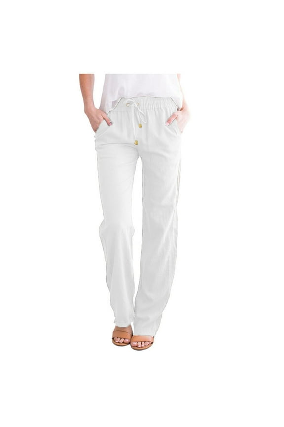 Women's Travel Linen Pants Drawstring Durable Non See-Through White XL