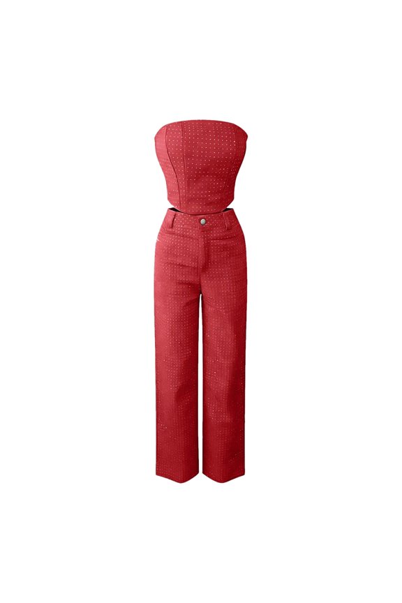 Women’s Trousers Suit Set Low Waist Straight Leg Trousers for Everyday Wear High Street Casual Ensemble Suited Red S