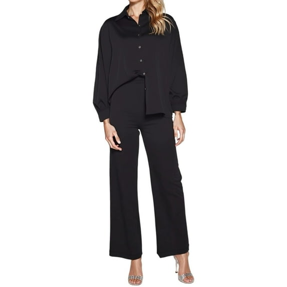 MDUKONU Women's Trousers Suit Set with Stylish Print Long Sleeve Shirt and Matching Wide Leg Pants Black S