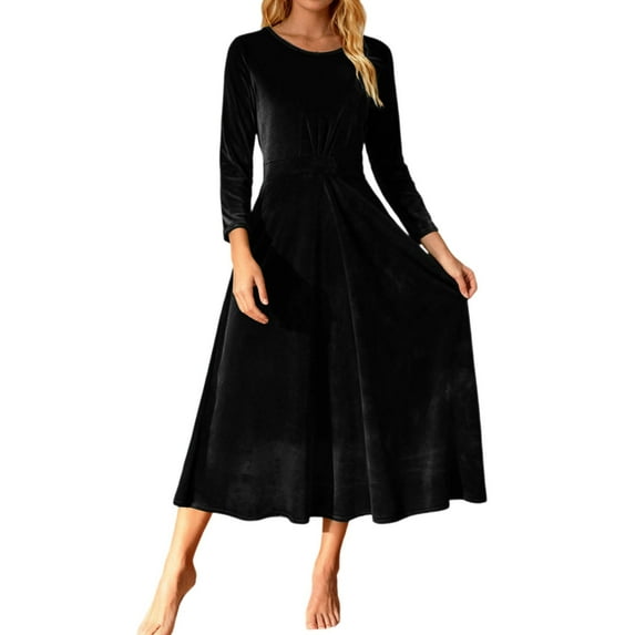 MDUKONU Women's Velvet Long Sleeve Evening Gown with Pleated Detail for Everyday Occasions and Party Wear – Plus Size Formal Maxi Dress Black M