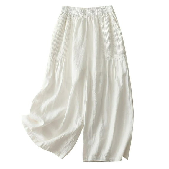 MDUKONU Women's Vintage Linen Pants Wide Leg Natural Fabric Adjustable Drawstring White XXXL