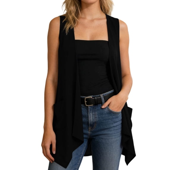 MDUKONU Womens Long Vests Sleeveless Draped Lightweight Open Front Cardigan Layering Vest with Side Pockets Black XL
