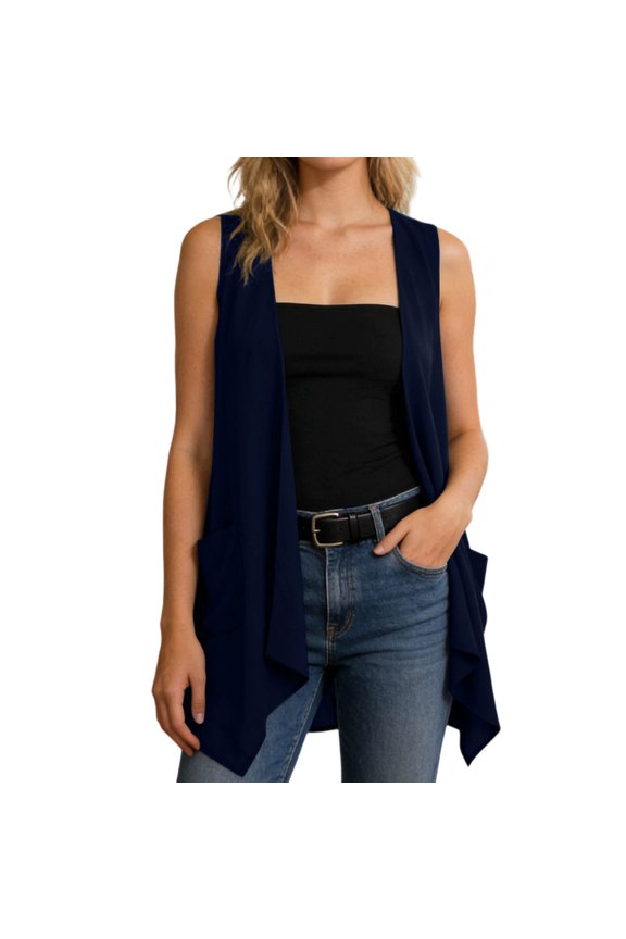 Womens Long Vests Sleeveless Draped Lightweight Open Front Cardigan Layering Vest with Side Pockets Navy L