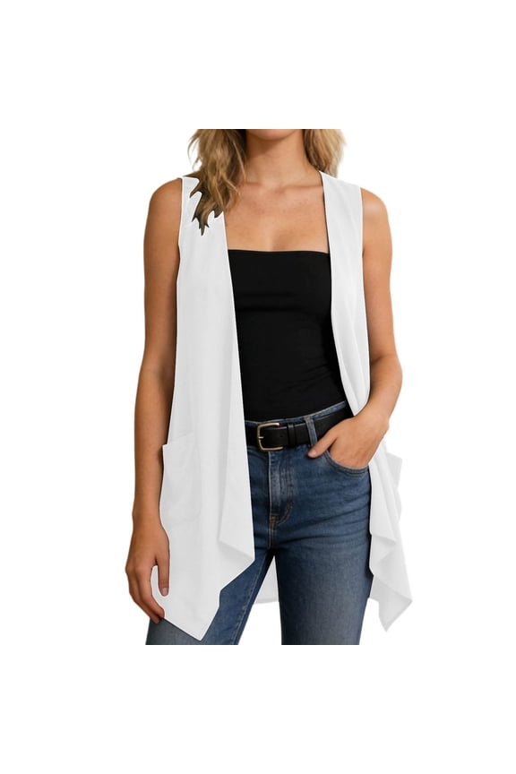 Womens Long Vests Sleeveless Draped Lightweight Open Front Cardigan Layering Vest with Side Pockets White S