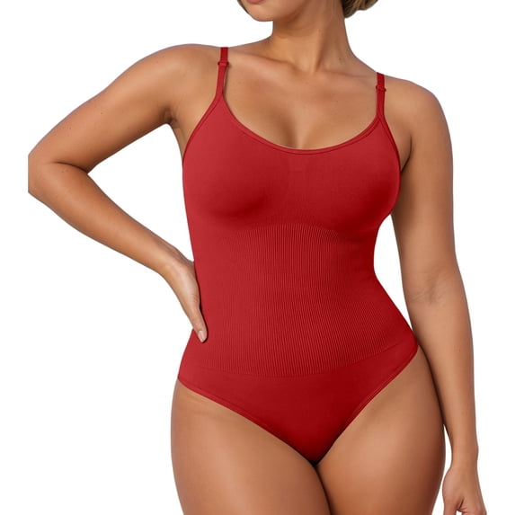 MDUKONU Womens' Seamless Sleeveless V-Neck Bodysuit Shapewear Tummy Control Red XXL