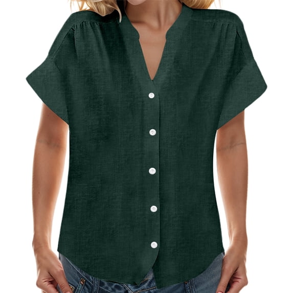MDUKONU Womens Short Sleeve Shirts V Neck Collared Button Down Shirt Tops Mint Green L