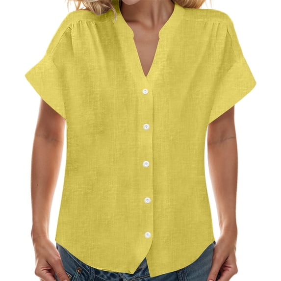 MDUKONU Womens Short Sleeve Shirts V Neck Collared Button Down Shirt Tops Yellow L