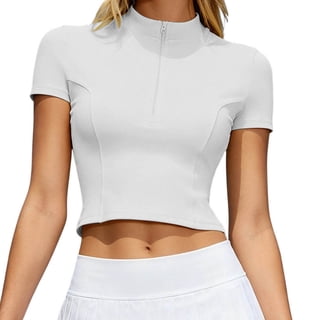 MDUKONU Womens Short Sleeve Workout Tops for Women Half Quarter Zip Athletic Pullover Tee Golf Shirt Slim Fit Yoga Gym Crop Top Size: M White