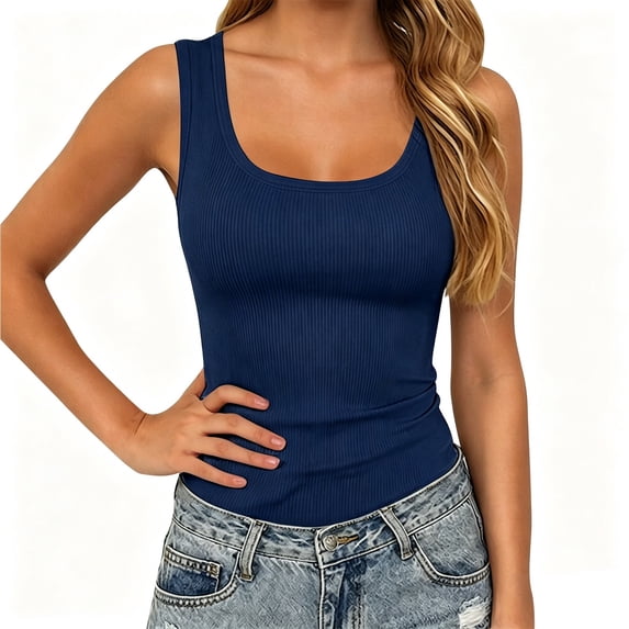 MDUKONU Womens Sleeveless Scoop Neck Tank Top Ribbed Fitted Summer Basic Slim Cute Tops 2026 Size: L Dark Blue