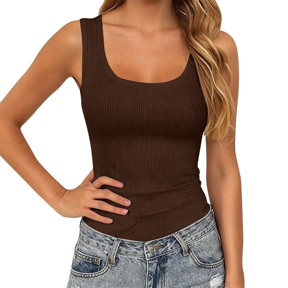 MDUKONU Womens Sleeveless Scoop Neck Tank Top Ribbed Fitted Summer Basic Slim Cute Tops 2026 Size: XXL Brown
