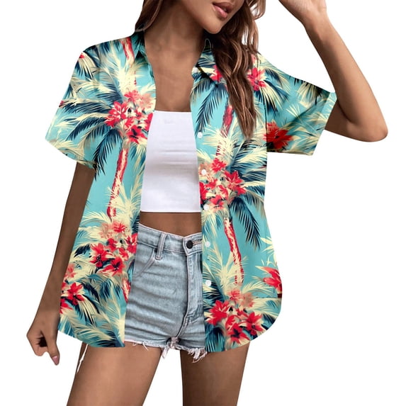 MDUKONU Womens Summer Hawaiian Shirts Soft Cool Floral Tropical Print T-Shirt Button Down V Neck Short Sleeve Tee Tops Green S