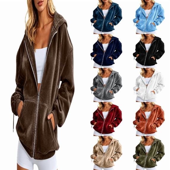 MDUKONU Womens Velvet Zip Up Hoodie Long Sleeve Oversized Hooded Sweatshirt Fleece Fall Velour Y2K Jackets With Pockets Size: L Coffee