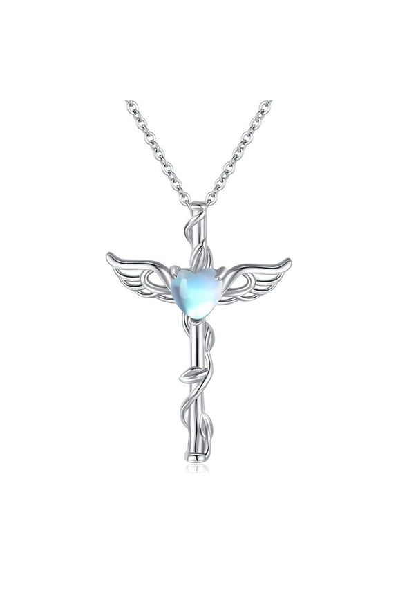Angel Wing Cross Necklace 925 Sterling Silver Moonstone Cross Crucifix Pendant Necklace Guardian Angel Wings Necklace Cross Jewelry Gifts for Women