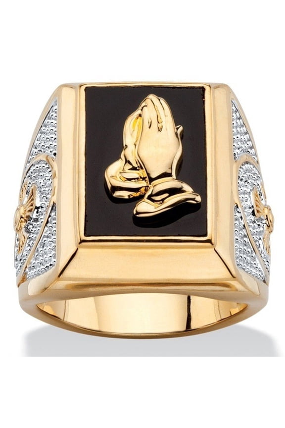 Men's Emerald-Cut Genuine Black Onyx Praying Hands or Textured Cross Two-Tone Ring Gold-Plated