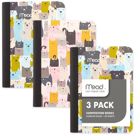 Mead Mini Fashion Composition Book, Narrow Ruled, 80 Sheets, Paper, 4.5" x 3.25", Cats & Dogs, 3 pack